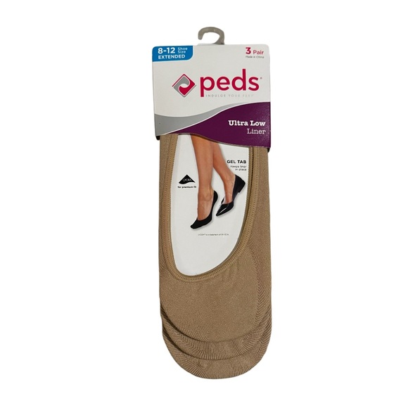 Peds 3 Pair Ultra Low Gel Tab Nude Liners Nylon Lycra Extended Size 8-12 Shoe - Picture 1 of 5